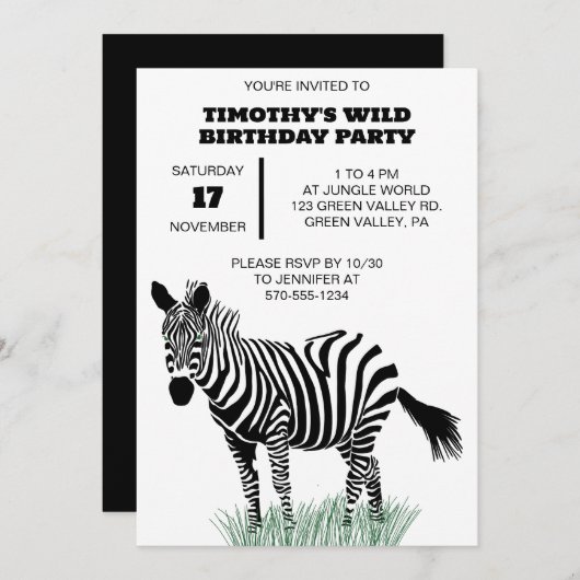 Zebra in zwart-wit op het grasfeest kaart (Voorkant / Achterkant)