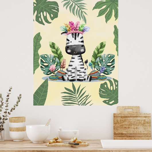 Zebra Jungle Safari Exotische Palmbladeren Nursery Poster (Keuken)