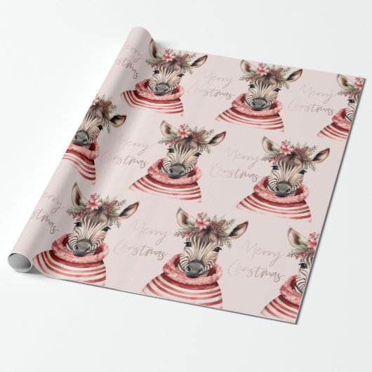 Zebra Kerst | Roze & Vrolijk Kerstfeest Cadeaupapier (Uitgerold)