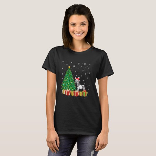 Zebra kerstboom verlichting kerstmuts Zebra kerst T-shirt (Voorkant volledig)