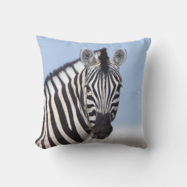 Zebra kijkt naar je met blauwe hemelfoto buitenkussen