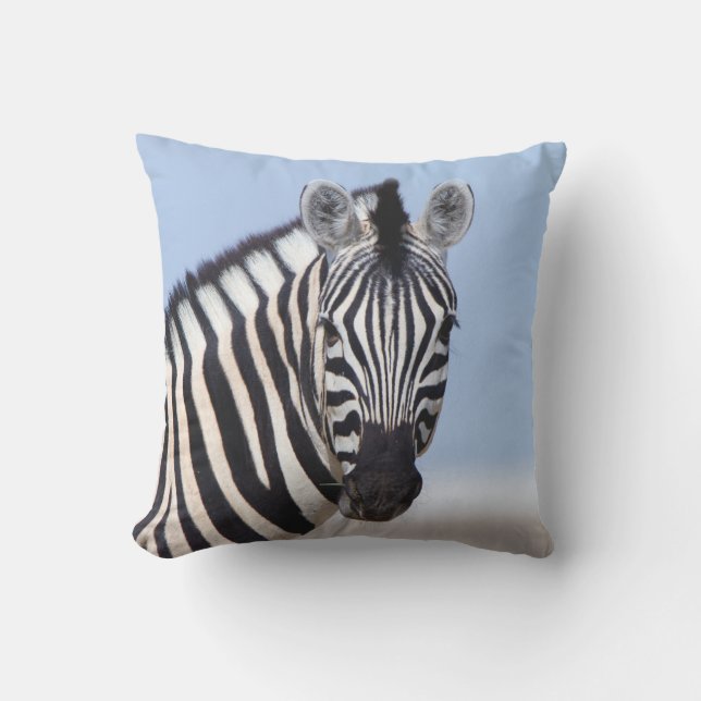 Zebra kijkt naar je met blauwe hemelfoto buitenkussen (Voorkant)