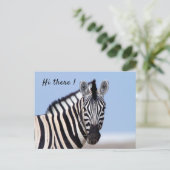 Zebra kijkt naar je met blauwe hemelfototekst briefkaart (Staand voorkant)