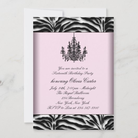 Zebra kroonluchter roze Zebra Sweet Sixteen Birthd Kaart (Achterkant)