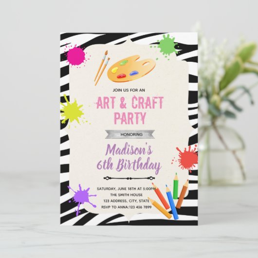 Zebra kunstfeest uitnodiging (Staand voorkant)