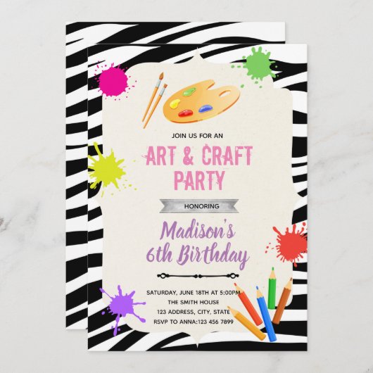 Zebra kunstfeest uitnodiging (Voorkant / Achterkant)