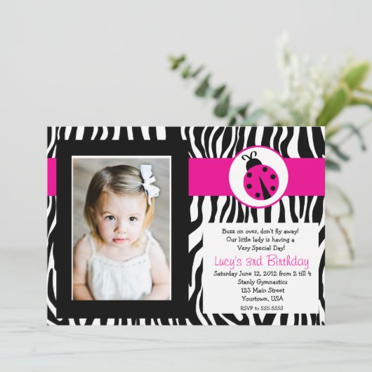 Zebra Lady Bug Party Birthday Uitnodiging (Staand voorkant)