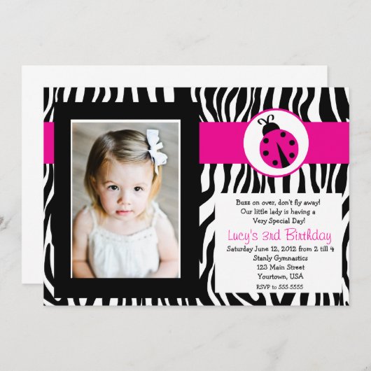 Zebra Lady Bug Party Birthday Uitnodiging (Voorkant / Achterkant)