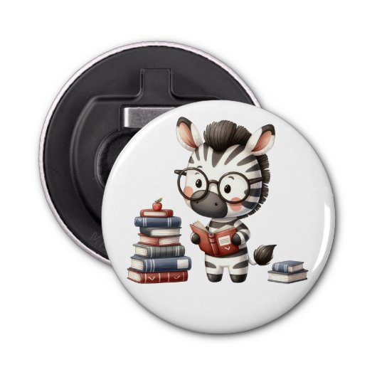 Zebra leest boeken. button flesopener (Voorkant)
