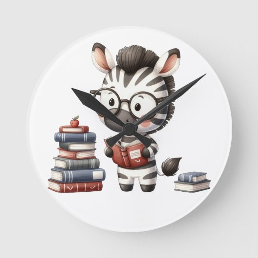 Zebra leest boeken. ronde klok (Voorkant)