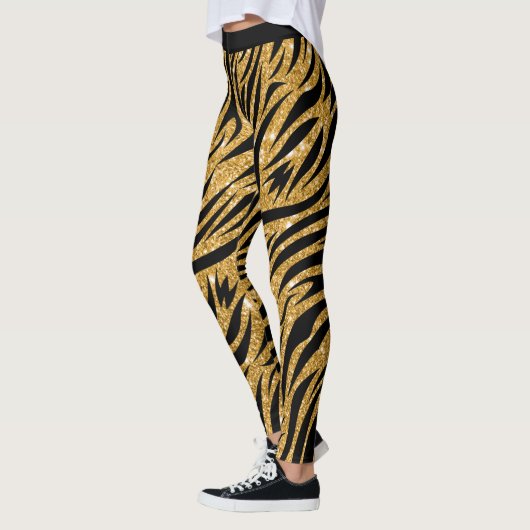 Zebra Leggings Vrouwen, Gold Glitter-look en zwart (Links)