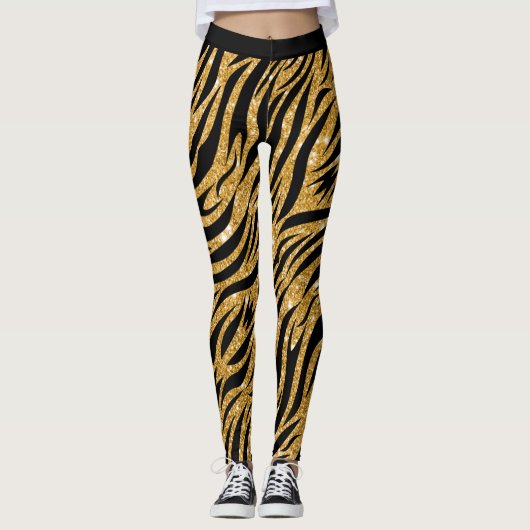 Zebra Leggings Vrouwen, Gold Glitter-look en zwart (Voorkant)