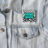Zebra Leopard Skin Zwart Wit Blauwgroen Naam Badge Vierkante Button 5,1 Cm (In situ)