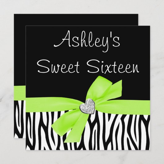 Zebra Lime Green Bow Diamond Sweet 16 Uitnodiginge Kaart (Voorkant / Achterkant)