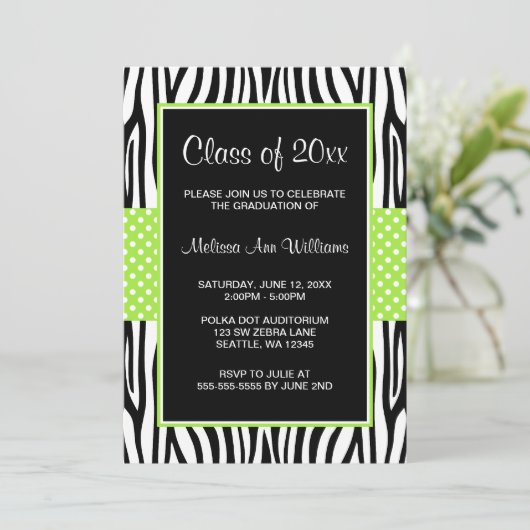 Zebra Lime Green Polka Dot Afstuderen kondiging Kaart (Staand voorkant)