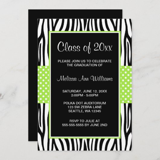 Zebra Lime Green Polka Dot Afstuderen kondiging Kaart (Voorkant / Achterkant)