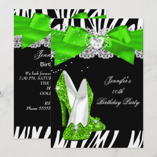 Zebra Lime Groen Glitter Hoge Hak Schoen Verjaarda Kaart