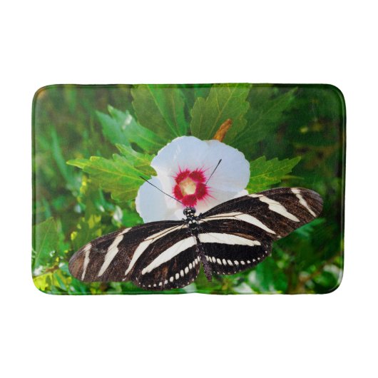 Zebra longwing vlinder op een Hibiscus Red Heart Badmat (Voorkant)