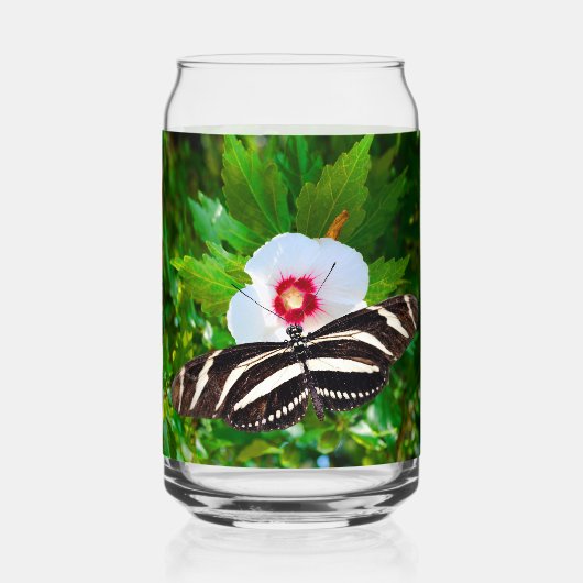 Zebra longwing vlinder op een Hibiscus rood T-shir Blikvorm Glas (Achterkant)