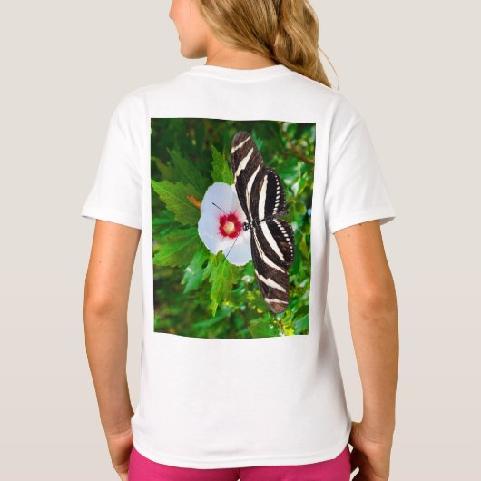 Zebra longwing vlinder op een Hibiscus rood T-shir T-shirt (Achterkant)