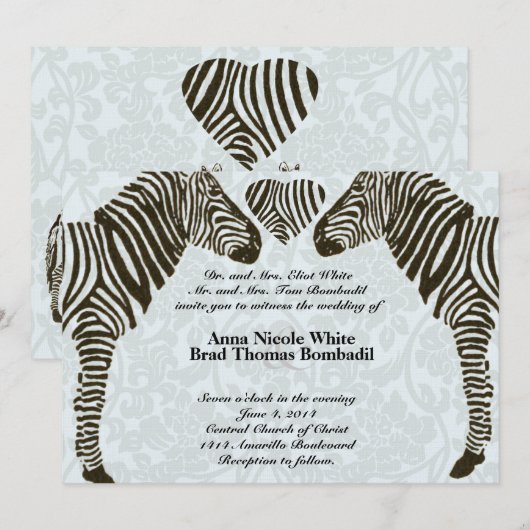 Zebra Love Blue Damask Style bruiloft uitnodiging (Voorkant / Achterkant)