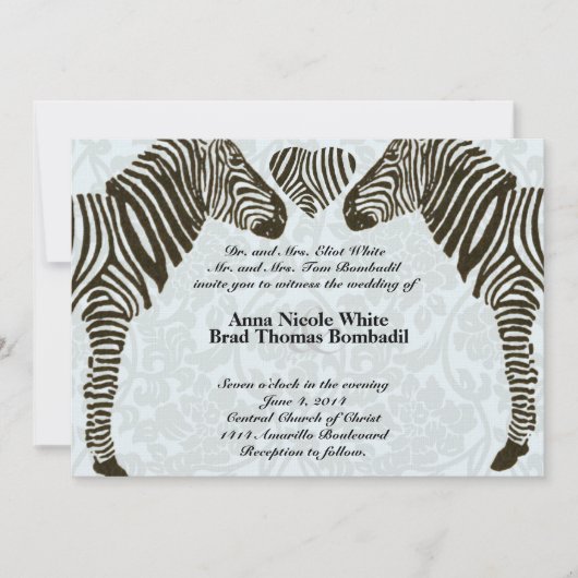 Zebra Love Blue Damask Style bruiloft uitnodiging (Voorkant)