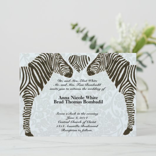 Zebra Love Blue Damask Style bruiloft uitnodiging (Staand voorkant)