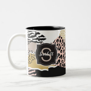 Zebra luipaard met aangepaste monogram en naam tweekleurige koffiemok