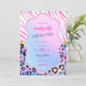 Zebra luipaard verjaardagsuitnodiging neon roze pa kaart (Staand voorkant)