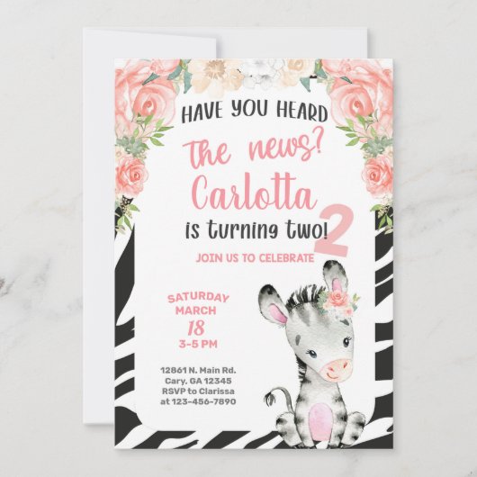 Zebra meisje 2e verjaardag uitnodiging. kaart (Voorkant)