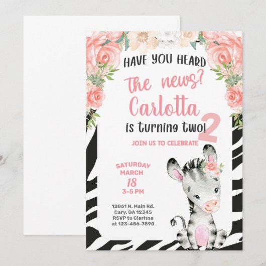 Zebra meisje 2e verjaardag uitnodiging. kaart (Voorkant / Achterkant)