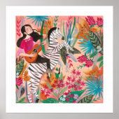 Zebra & meisje felroze tropisch oerwoud Poster (Voorkant)