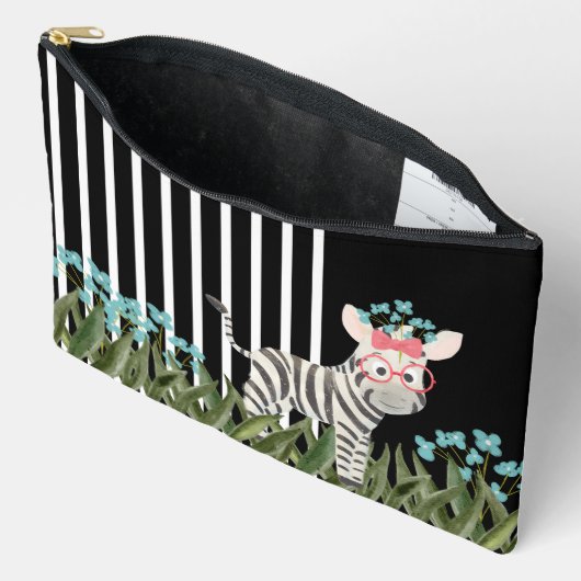 Zebra met roze bril grote accessoire zakje etui (Open)