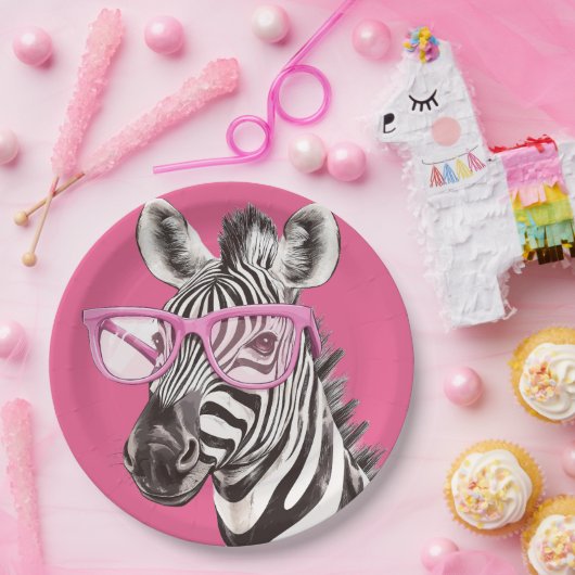 Zebra met roze bril papieren bordje (Feest)