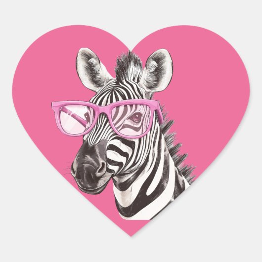 Zebra met roze bril Roze achtergrond Hart Sticker (Voorkant)