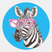 Zebra met roze bril Sticker D. Blauwe achtergrond (Voorkant)
