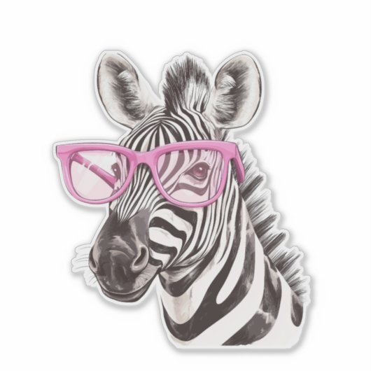 Zebra met Roze Brillen Custom-Cut Vinyl Sticker (Voorkant)