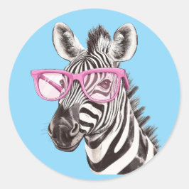 Zebra met Roze Brillen Sticker Blauwe Achtergrond