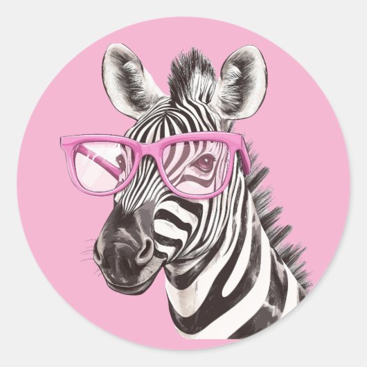 Zebra met Roze Brillen Sticker Licht Roze BG (Voorkant)