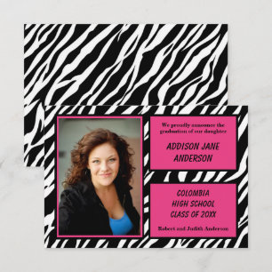 Zebra met roze rand met foto-3x5 gradueel aankondi kaart