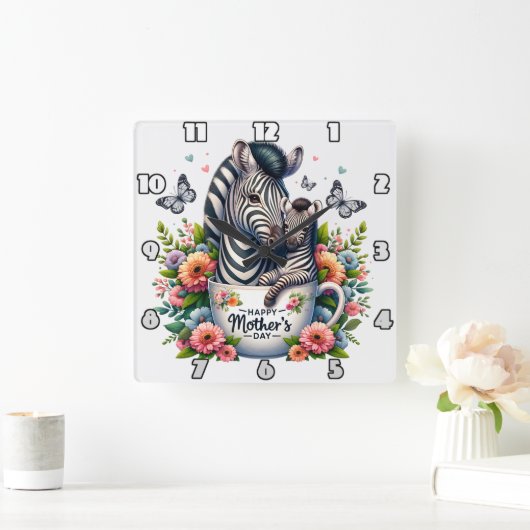 Zebra Mom: Veulen, Bloemen, Moederdag Vierkante Klok (Huis)