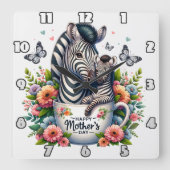 Zebra Mom: Veulen, Bloemen, Moederdag Vierkante Klok (Voorkant)