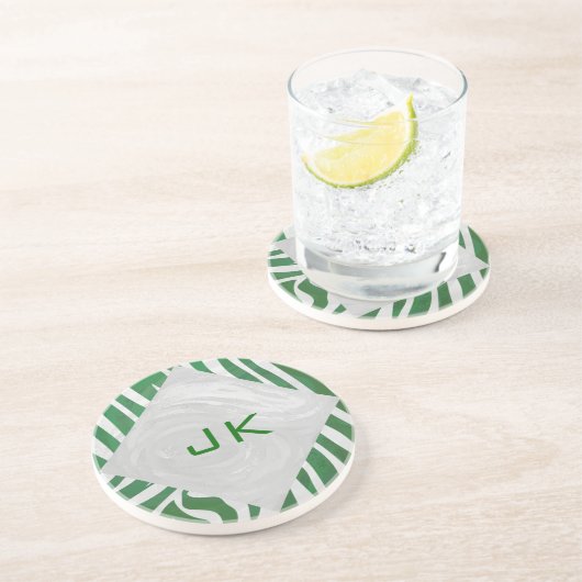 Zebra Monogram Groen en Witte Druk Zandsteen Onderzetter (Zijkant)