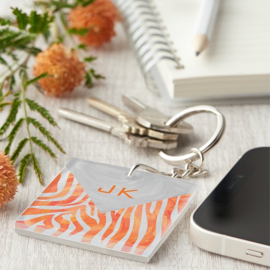 Zebra Monogram Oranje en wit Sleutelhanger (Voorkant Rechts)