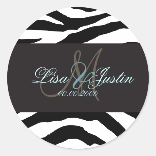 Zebra monogram trouwstickers ronde sticker (Voorkant)