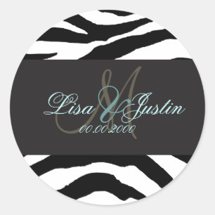 Zebra monogram trouwstickers ronde sticker