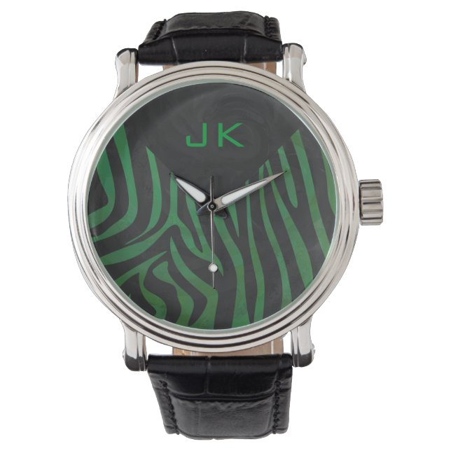Zebra Monogram zwart en Groen afdrukken Horloge (Voorkant)