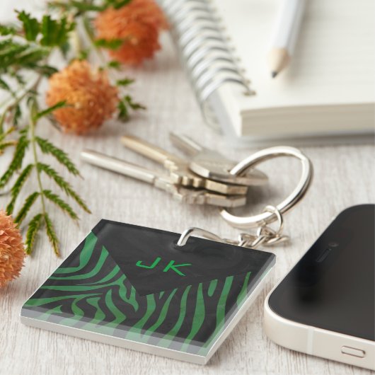 Zebra Monogram zwart en Groen afdrukken Sleutelhanger (Voorkant Rechts)