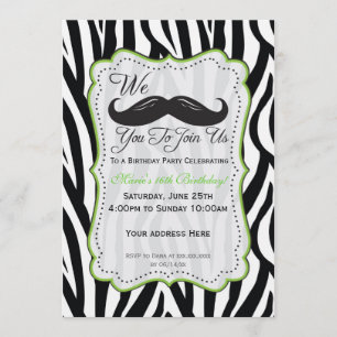 Zebra Mustache Birthday - Black & Lime Green Kaart
