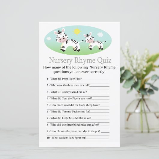 Zebra Nursery Rhyme Quiz baby shower game (Staand voorkant)